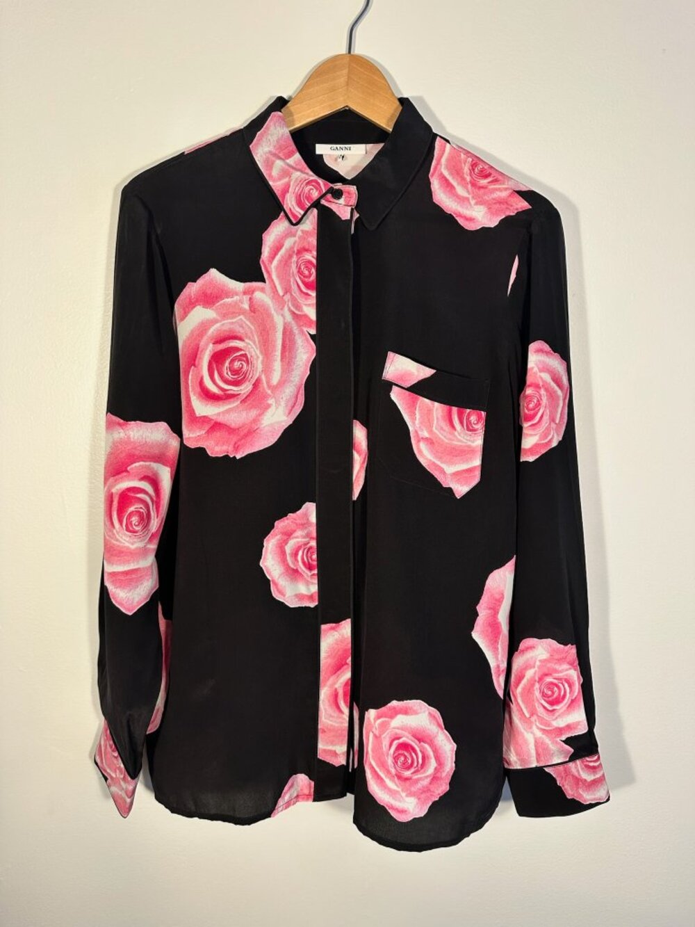 GANNI Fayette Silk Rose Print Blouse Sz 38